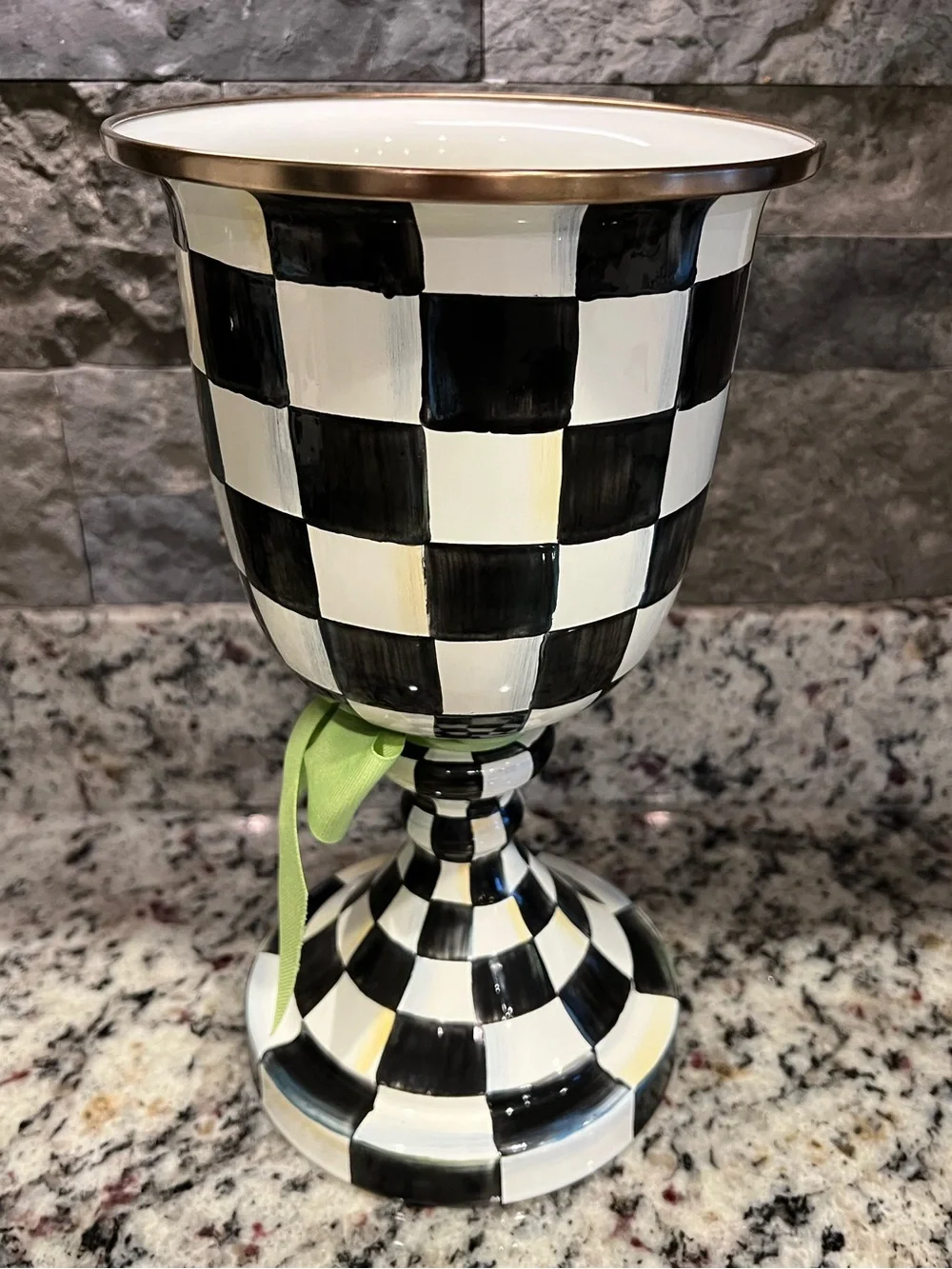 Mackenzie-Childs Courtly Check Enamel Pedestal Vase with Lime Green Bow. EUC.